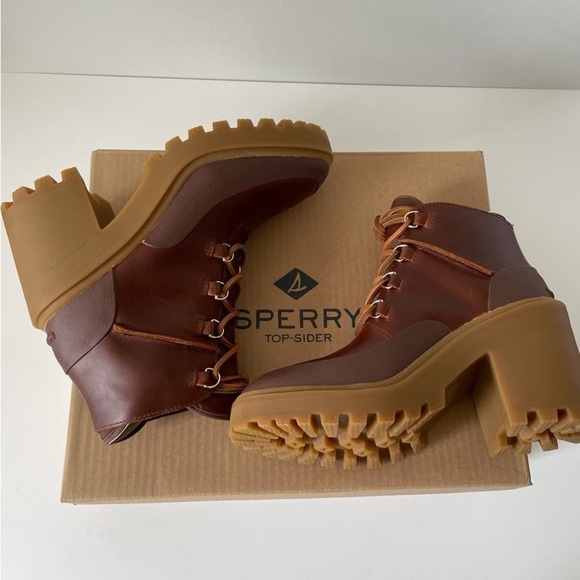 Nib Sperry Pretty Tough Tan High Heeled Ankle Booties Waterproof Leather - Picture 8 of 12